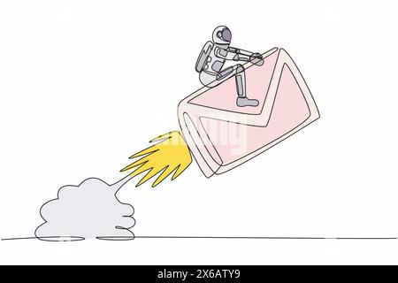 Single continuous line drawing astronaut riding paper envelope rocket flying in moon surface. Launching inter-galaxy digital messaging. Cosmonaut deep Stock Vector