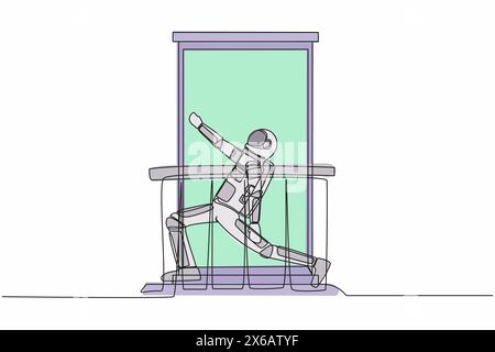 Continuous one line drawing astronaut with headphone practices yoga near window or balcony in moon surface. Sport, workout, exercise. Cosmonaut outer Stock Vector