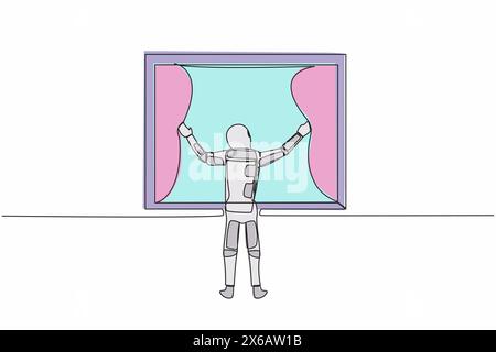 Single continuous line drawing young astronaut opening window curtains in moon surface. Wake up and open curtain in morning to get fresh air. Cosmonau Stock Vector