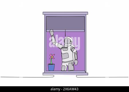 Single one line drawing young astronaut waving at window as look like to greet or invite friends to come in. Cosmic galaxy space concept. Modern conti Stock Vector