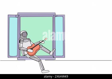 Single continuous line drawing young astronaut sitting on windowsill playing guitar, sing song in moon surface. Relaxation, comfort, romantic. Cosmona Stock Vector