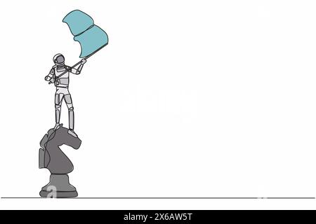 Single one line drawing of young astronaut standing on top of big chess horse knight piece and waving flag. Cosmic galaxy space concept. Modern contin Stock Vector