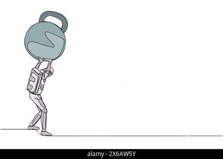 Single one line drawing of young astronaut carrying heavy kettlebell on his back. Financial crisis and credit payment in space company. Cosmic galaxy Stock Vector