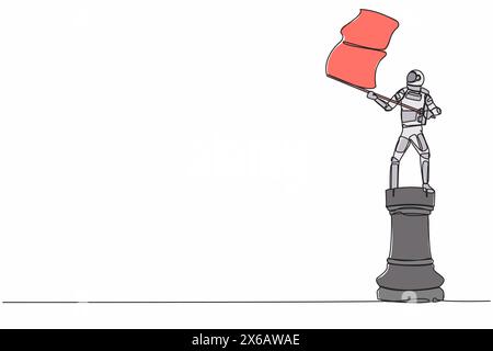 Continuous one line drawing astronaut standing on top rook chess and waving flag. Celebrating supremacy of strongest space company. Cosmonaut outer sp Stock Vector