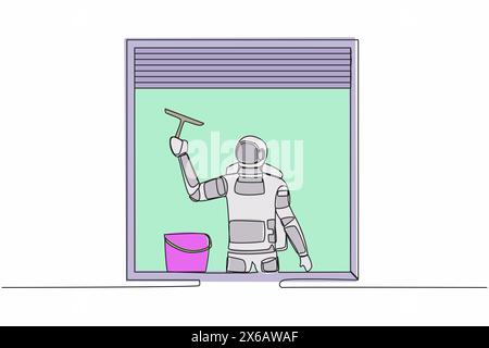 Single one line drawing young astronaut cleaning windows with bucket, glass cleaner tools in moon surface. Cosmic galaxy space concept. Modern continu Stock Vector