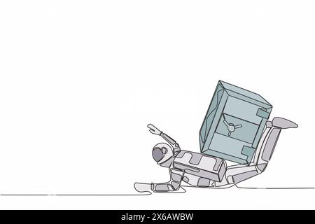 Continuous one line drawing young astronaut under heavy safe deposit box burden. Impact in pandemic crisis, bankruptcy at space industry. Cosmonaut ou Stock Vector