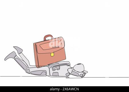 Continuous one line drawing young astronaut under heavy briefcase burden in moon surface. Pressure from too much responsibility. Cosmonaut outer space Stock Vector