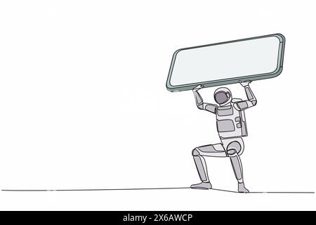 Single one line drawing young astronaut carrying heavy smartphone on his back. Frustration due to overworked in space industry. Cosmic galaxy space. C Stock Vector