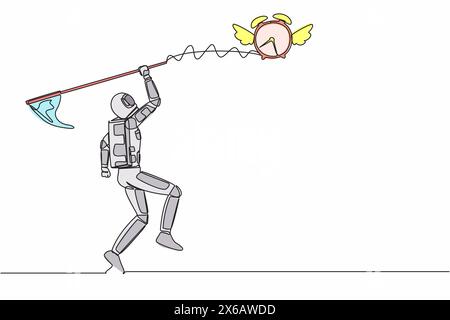 Single one line drawing astronaut try to catching flying alarm clock with butterfly net. Spaceship exploration with deadlines. Cosmic galaxy space. Co Stock Vector