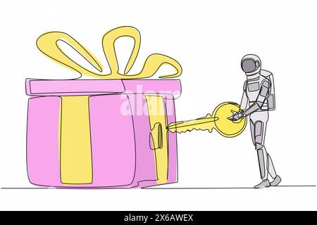 Single one line drawing of young astronaut put key into gift box with ribbon. Celebration for spaceship exploration achievement. Cosmic galaxy space. Stock Vector