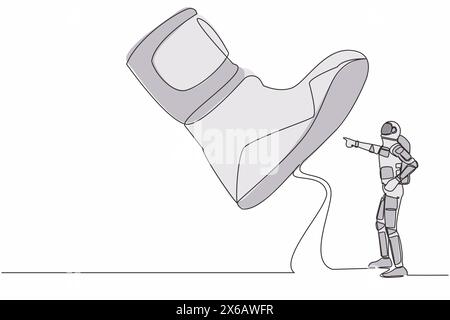 Continuous one line drawing young astronaut facing against giant shoes stomping. Spaceman pointing against giant foot step. Cosmonaut outer space. Sin Stock Vector