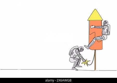 Continuous one line drawing young astronaut ignite firework rocket while his teammates prepare to fly on the rocket. Cosmonaut outer space concept. Si Stock Vector