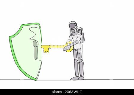 Single continuous line drawing of young astronaut put key into shield. Internet security and data protection in spaceship exploration. Cosmonaut deep Stock Vector