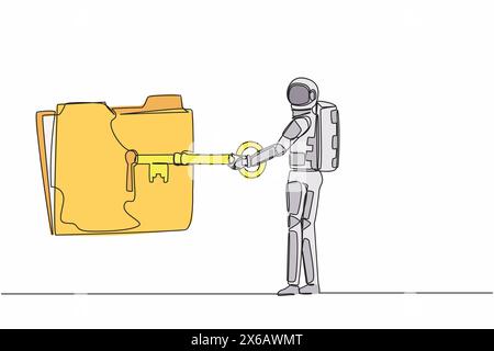 Single one line drawing young astronaut put key into folder icon. Document protection and secret information for spaceship expedition. Cosmic galaxy s Stock Vector