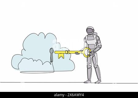Single one line drawing astronaut putting big key into cloud. Safety storage in spaceship data, password lock security authentication. Cosmic galaxy s Stock Vector