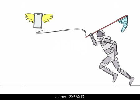 Continuous one line drawing young astronaut try to catch flying smartphone with butterfly net. Communication or gadget in space control. Cosmonaut out Stock Vector