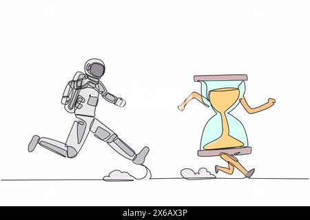 Continuous one line drawing of young astronaut run chasing hourglass in moon surface. Time management, space exploration schedule. Cosmonaut outer spa Stock Vector
