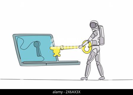 Single one line drawing astronaut putting key into laptop. Protection internet spaceship encryption, access to encrypted data. Cosmic galaxy space. Co Stock Vector