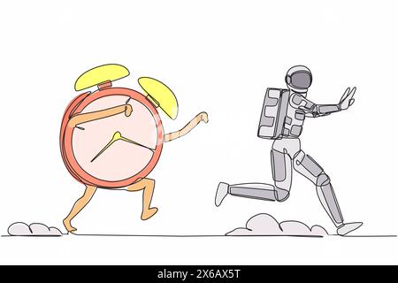 Continuous one line drawing astronaut being chased by alarm clock. Hurry in expedition deadline project. Running out of working time. Cosmonaut outer Stock Vector
