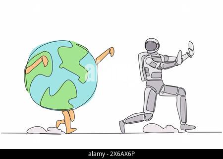 Continuous one line drawing young astronaut being chased by globe. Afraid about climate change and ecological destruction on earth. Cosmonaut outer sp Stock Vector
