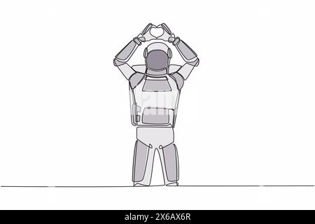 Single one line drawing of young astronaut standing with making love sign or heart symbol with fingers over head. Cosmic galaxy space concept. Modern Stock Vector