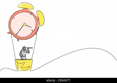 Single one line drawing of young astronaut in hot air balloon with alarm clock looking with telescope or monocular. Cosmic galaxy space concept. Conti Stock Vector