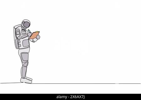 Single one line drawing young astronaut standing and writing on clipboard. Future spaceship technology development. Cosmic galaxy space concept. Conti Stock Vector