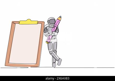 Single one line drawing astronaut holding big pencil and lean on clipboard in moon surface. Checklist space exploration document. Cosmic galaxy space. Stock Vector