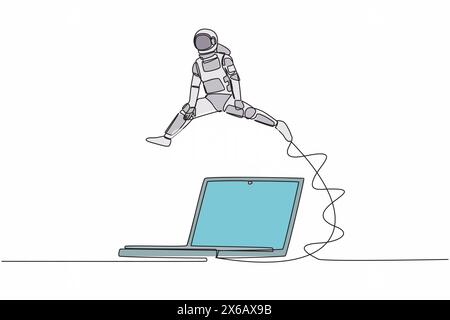 Single continuous line drawing young astronaut jumping over laptop computer. Office system information tech in spaceship exploration. Cosmonaut deep s Stock Vector
