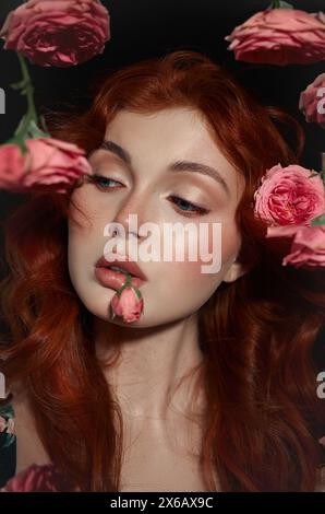 Red-haired woman with striking blue eyes looks away, surrounded by delicate pink roses Stock Photo