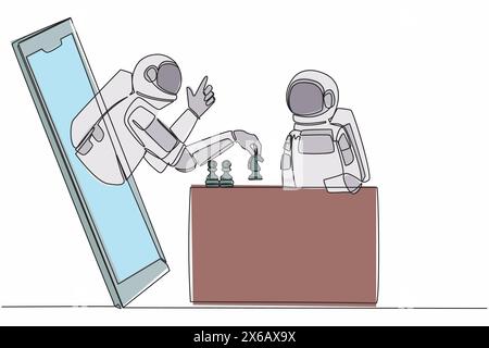 Single continuous line drawing two astronaut sitting at table and playing online chess. One player shows how to play from smartphone. Cosmonaut deep s Stock Vector