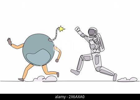 Single continuous line drawing astronaut run chasing bomb in moon surface. Closed spaceship company due to exploding financial crisis. Cosmonaut deep Stock Vector