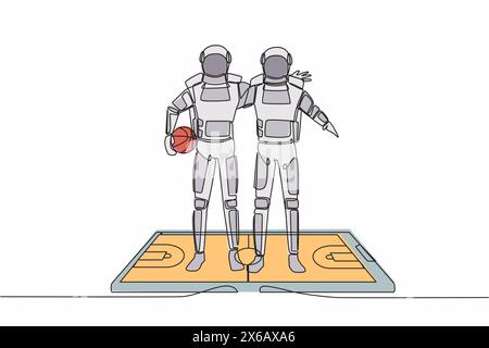 Single one line drawing of two basketball players astronaut embrace each other on surface of smartphone. Mobile basketball. Cosmic galaxy space. Conti Stock Vector