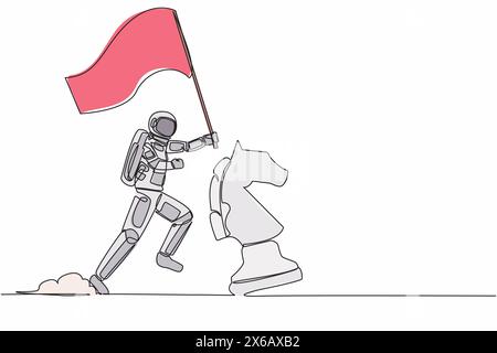 Continuous one line drawing astronaut running and holding flag beside horse chess piece. Celebrating triumph of intergalactic expedition. Cosmonaut ou Stock Vector