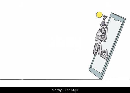 Single continuous line drawing of young astronaut volleyball athlete player in action jumping spike getting out of smartphone screen. Cosmonaut deep s Stock Vector
