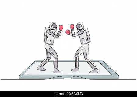 Single continuous line drawing boxing ring with two astronaut boxers on smartphone screen. Boxing fight duel during match, mobile app. Cosmonaut deep Stock Vector