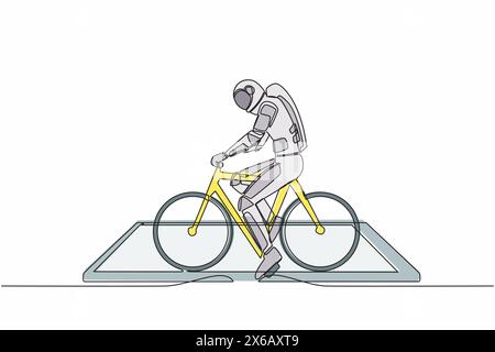 Single continuous line drawing young astronaut wearing helmet, riding bicycle on smartphone screen. Virtual bicycle for cardio training. Cosmonaut dee Stock Vector