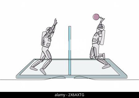 Single continuous line drawing volleyball court with two astronaut players on smartphone screen. Volleyball players during match, mobile app. Cosmonau Stock Vector