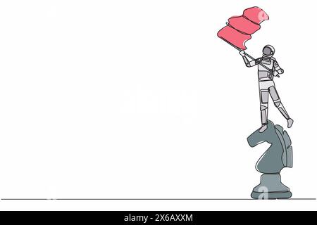Continuous one line drawing young astronaut standing on top of big chess horse knight piece and waving flag. Cosmonaut outer space cosmic concept. Sin Stock Vector
