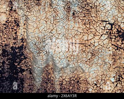 Detailed close up shot of cracked rusty corrosion surface - intricate patterns resembling wood, twigs, grass, soil, fur, visual arts, plants, metal, and rocks Stock Photo