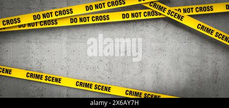Yellow police line tape  do not cross text  grey concrete wall background Stock Photo