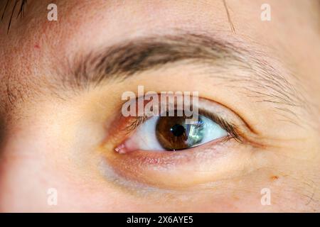A captivating macro photo revealing the intricate details of a man's brown eye, evoking depth and emotion. Stock Photo