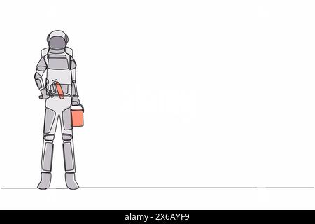 Continuous one line drawing astronaut holds roller with paint and bucket of paint. Future house decoration. Preparation home reparation. Cosmonaut out Stock Vector