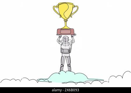Single one line drawing young astronaut holding trophy in cloud. Celebrate victory in sky. Successful spaceship expedition. Cosmic galaxy space. Conti Stock Vector