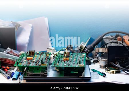 tower crane control board of swing systems was repaired by the electrician on the table, analysis of the issue on tower crane when electrician on site Stock Photo