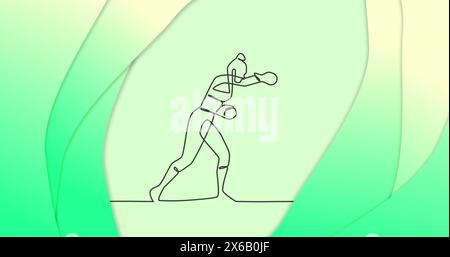 Image of drawing of female boxer punching and shapes on green background Stock Photo