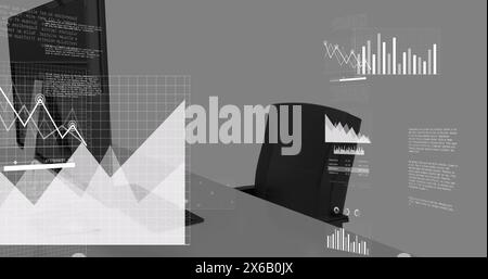 Image of screens with data processing against office desk Stock Photo