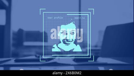 Image of data processing with diverse people portraits over office desk with laptop Stock Photo