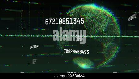 Image of multiple changing numbers and data processing over spinning globe on green background Stock Photo