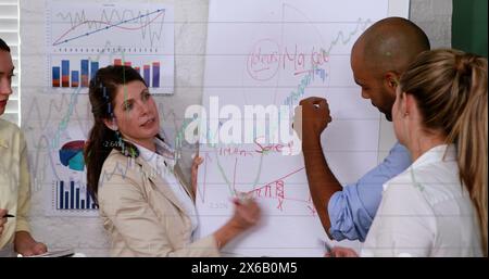 Image of statistical data processing over diverse businesspeople discussing over white board Stock Photo